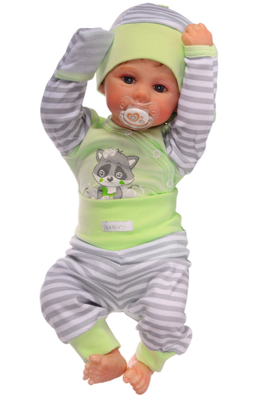 Baby Anzug Wickelbody Hose Mütze in Grün mit Waschbär