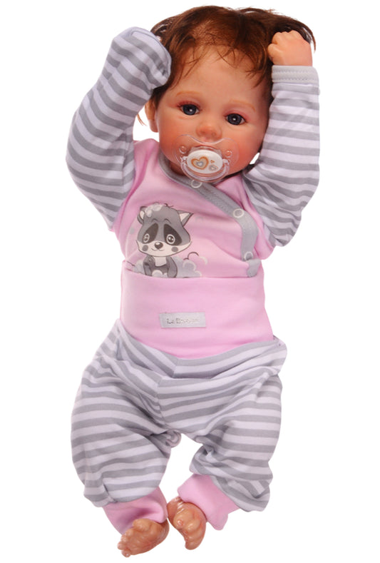 Baby Anzug Wickelbody Hose Mütze in Rosa mit Waschbär