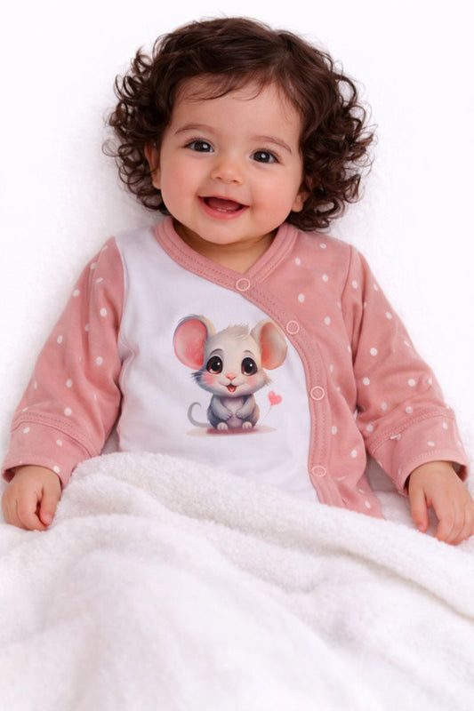 Baby Body Wickelbody langarm in Puderrosa mit Mäuschen