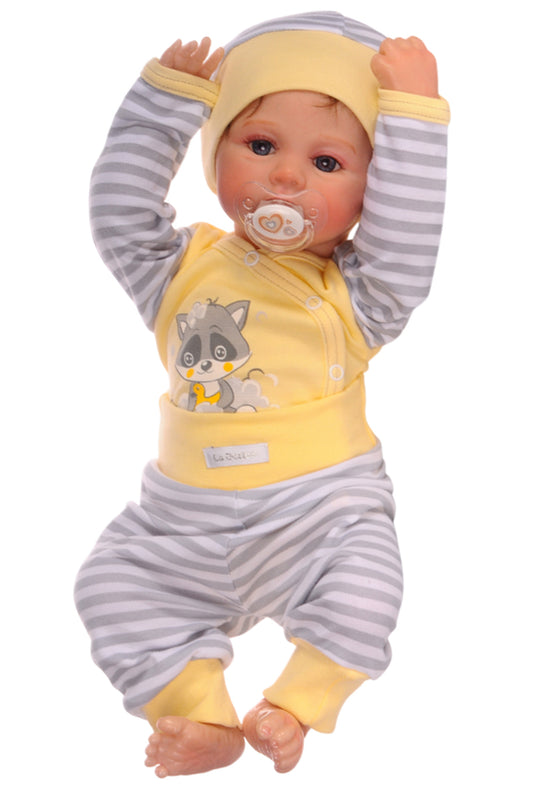 Baby Anzug Wickelbody Hose Mütze in Gelb mit Waschbär