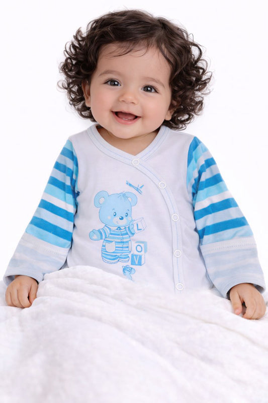 Baby Body Wickelbody mit Kratzschutz in weiß türkis mit Bär