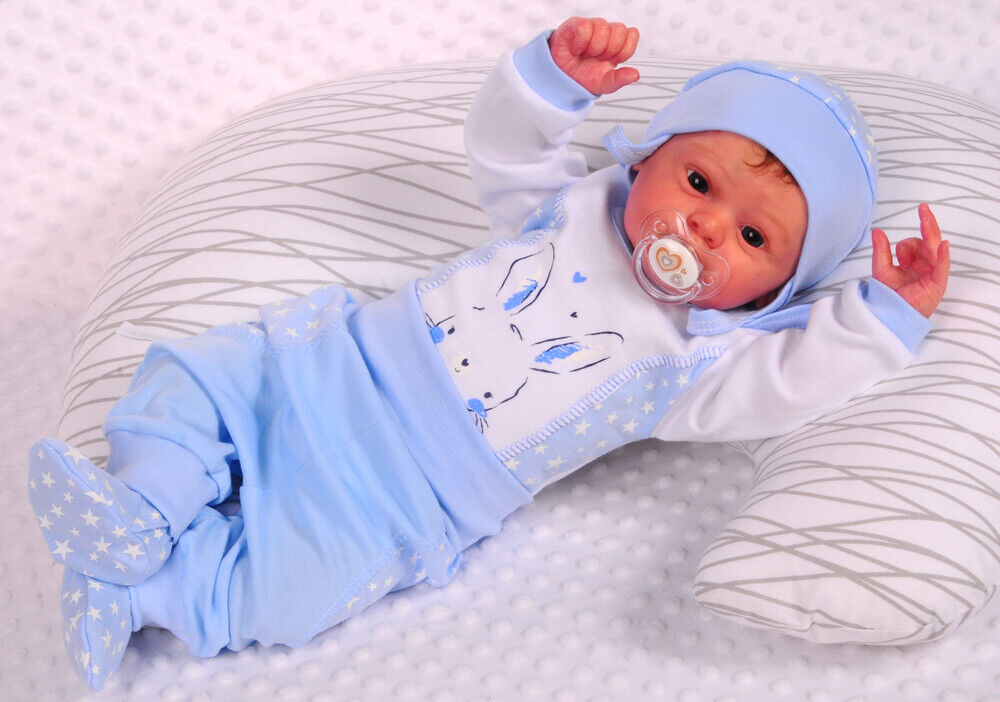 Body Hose und Mütze 3Tlg Baby Anzug in weiß blau mit Hasen