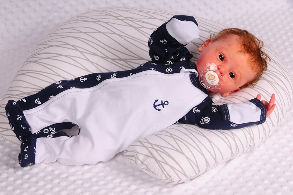 Baby Strampler Schlafanzug in weiß blau mit Anker Motiv