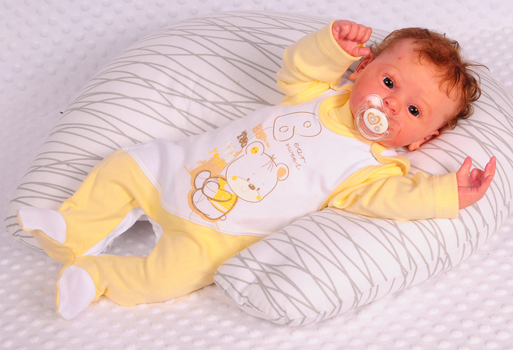 Strampler Mütze und Hemdchen Baby Anzug 3Tlg in Gelb mit Bärchen