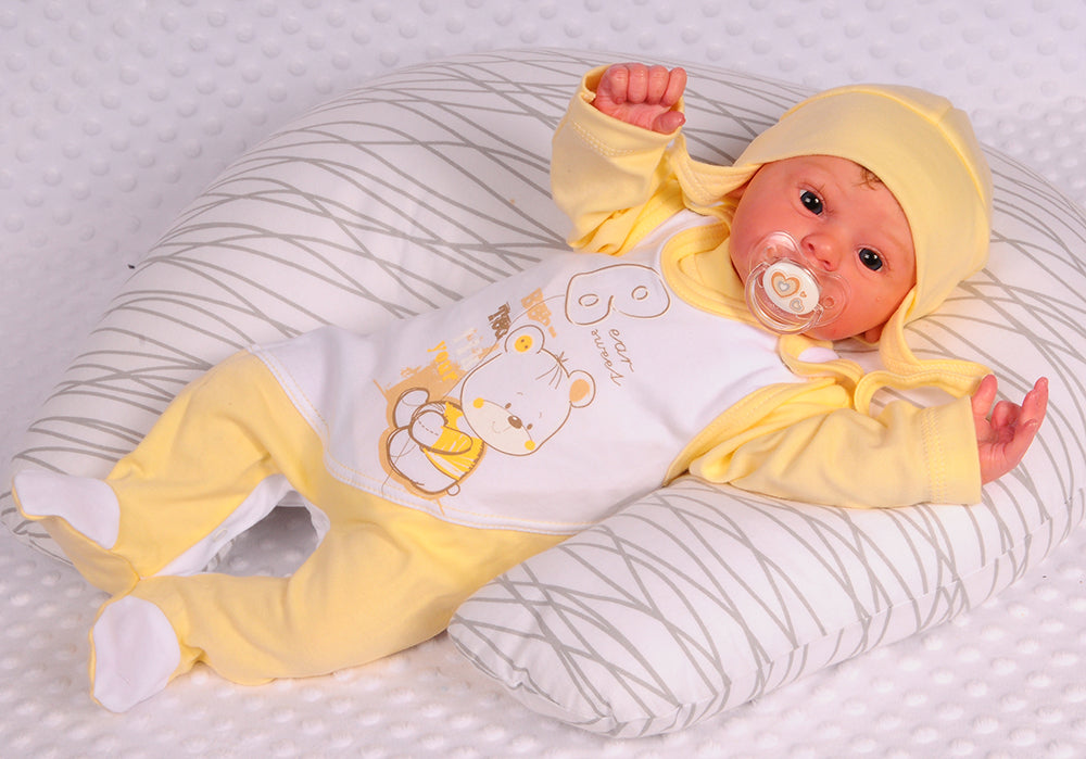 Strampler Mütze und Hemdchen Baby Anzug 3Tlg in Gelb mit Bärchen