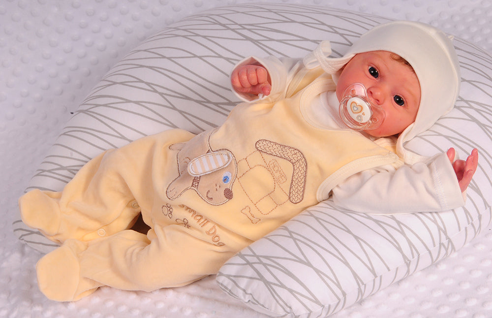 Baby Strampler Mütze Shirt Anzug in Creme mit Hunden Applikation