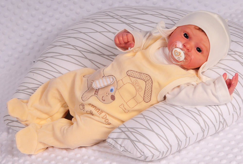 Baby Strampler Mütze Shirt Anzug in Creme mit Hunden Applikation