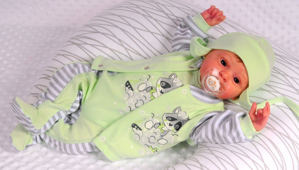 Strampler Mütze und Hemdchen Baby Anzug in Grün mit Waschbär