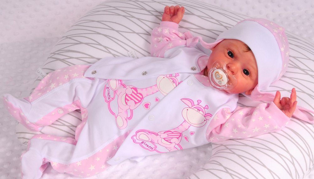 Strampler Mütze und Hemdchen Baby Anzug in weiß rosa mit Giraffen Aufdruck