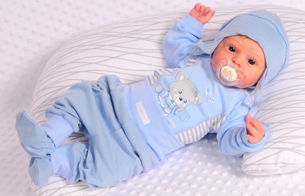 Body Hose und Mütze 3Tlg Baby Anzug in Blau mit Bärchen Aufdruck